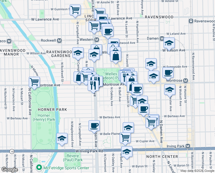 map of restaurants, bars, coffee shops, grocery stores, and more near 2315 West Montrose Avenue in Chicago