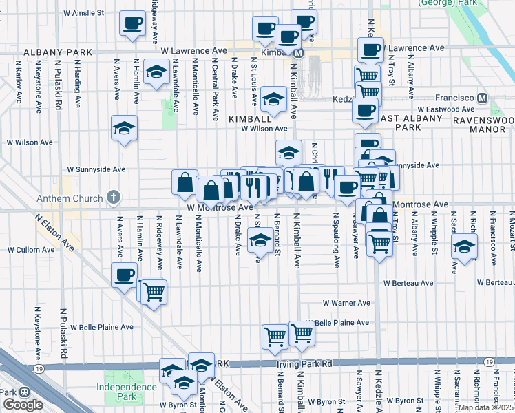 map of restaurants, bars, coffee shops, grocery stores, and more near W Montrose Ave & N St Louis Ave in Chicago