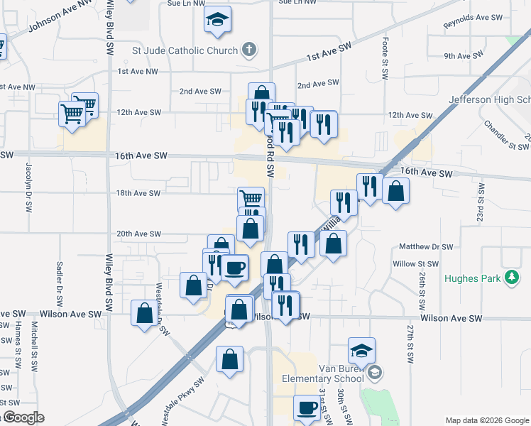 map of restaurants, bars, coffee shops, grocery stores, and more near 1848 Edgewood Road Southwest in Cedar Rapids