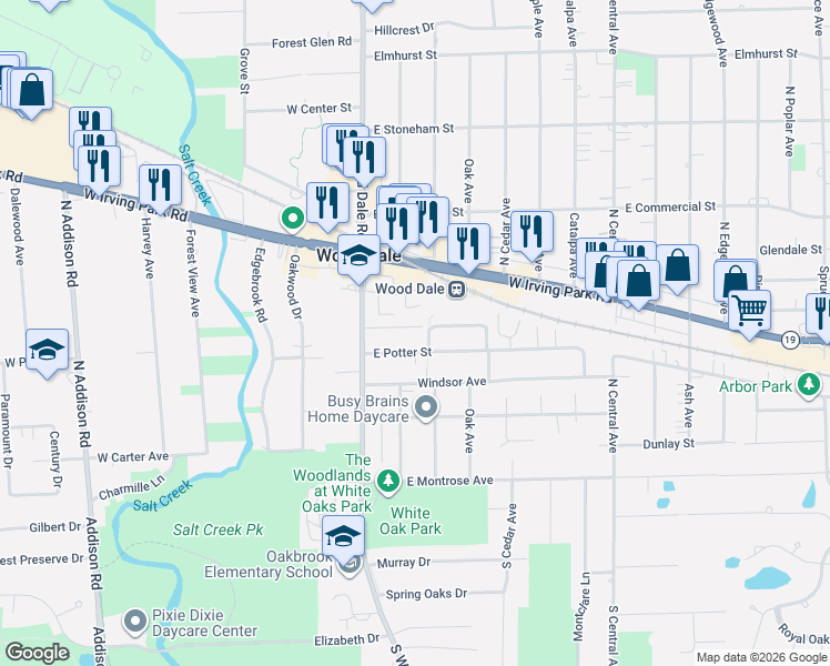 map of restaurants, bars, coffee shops, grocery stores, and more near 136 Oak Hill Drive in Wood Dale