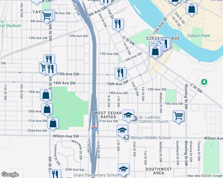 map of restaurants, bars, coffee shops, grocery stores, and more near 250 18th Avenue Southwest in Cedar Rapids