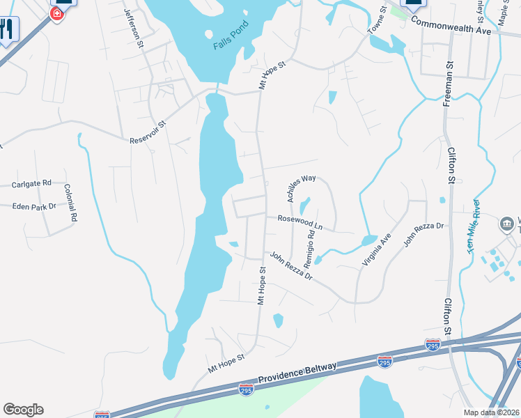 map of restaurants, bars, coffee shops, grocery stores, and more near 240 Mount Hope Street in North Attleborough