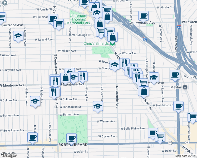 map of restaurants, bars, coffee shops, grocery stores, and more near 5311 West Agatite Avenue in Chicago