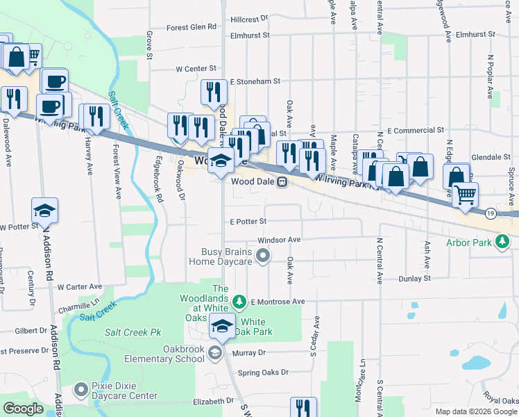 map of restaurants, bars, coffee shops, grocery stores, and more near 136 Oak Hill Drive in Wood Dale