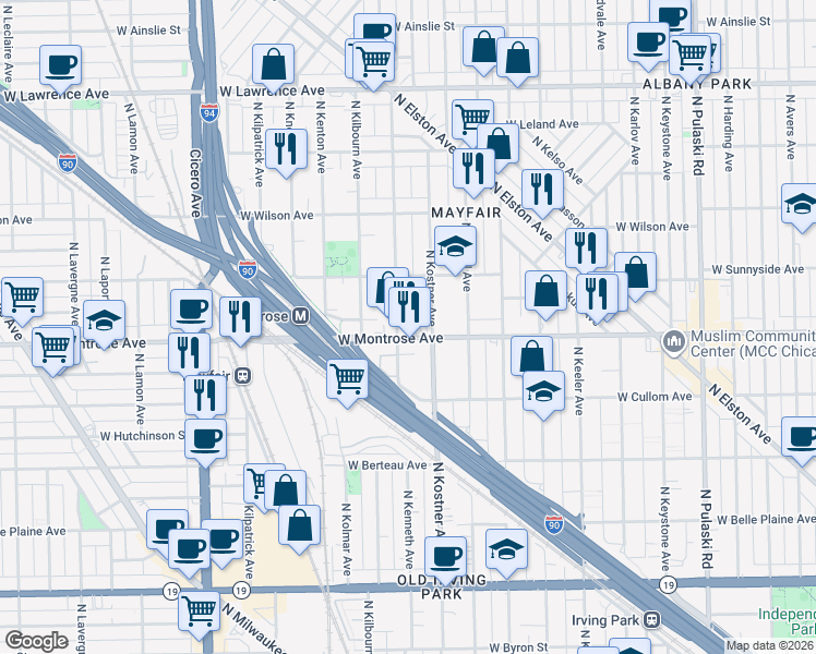 map of restaurants, bars, coffee shops, grocery stores, and more near 4428 West Montrose Avenue in Chicago