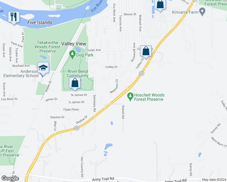 map of restaurants, bars, coffee shops, grocery stores, and more near 6 Whitmore Circle in St. Charles