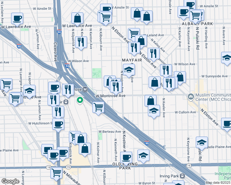 map of restaurants, bars, coffee shops, grocery stores, and more near 4428 West Montrose Avenue in Chicago