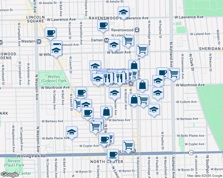 map of restaurants, bars, coffee shops, grocery stores, and more near 4348 North Winchester Avenue in Chicago