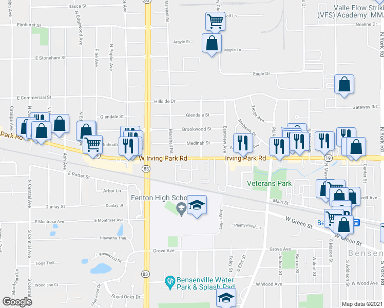map of restaurants, bars, coffee shops, grocery stores, and more near 1013 Irving Park Road in Bensenville