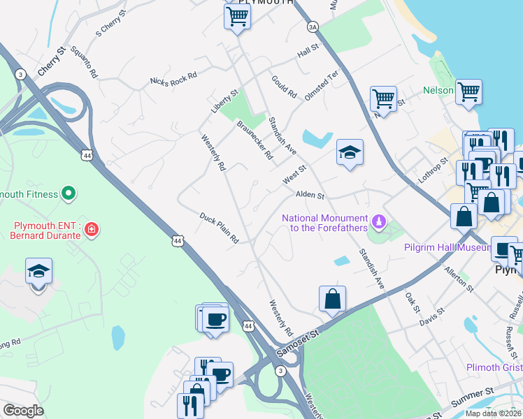 map of restaurants, bars, coffee shops, grocery stores, and more near 12 Rodman Lane in Plymouth