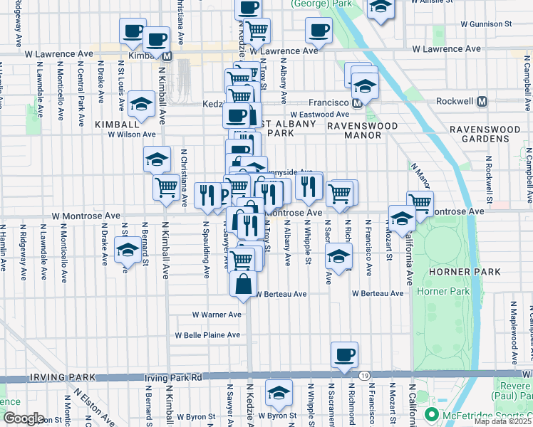 map of restaurants, bars, coffee shops, grocery stores, and more near W Montrose Ave & N Troy St in Chicago
