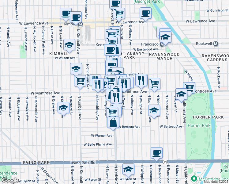 map of restaurants, bars, coffee shops, grocery stores, and more near W Montrose Ave & N Kedzie Ave in Chicago