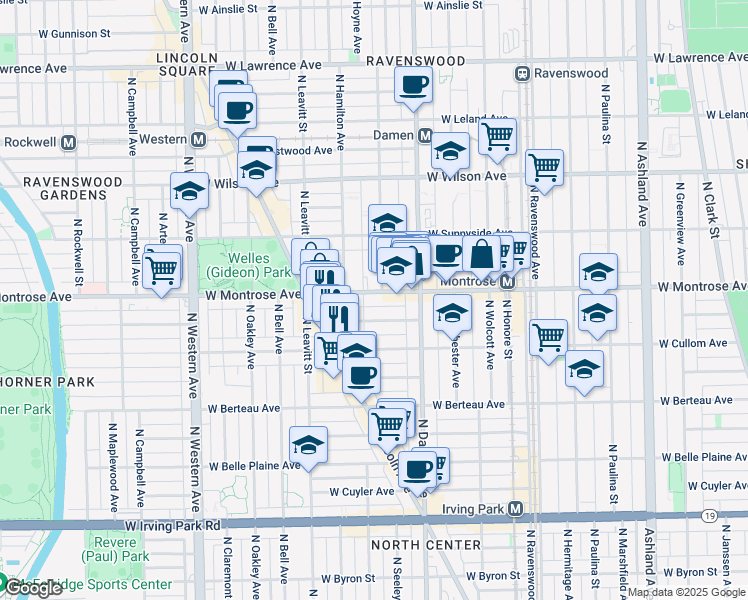 map of restaurants, bars, coffee shops, grocery stores, and more near 2051 West Montrose Avenue in Chicago
