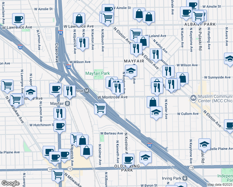 map of restaurants, bars, coffee shops, grocery stores, and more near 4407 North Kenneth Avenue in Chicago