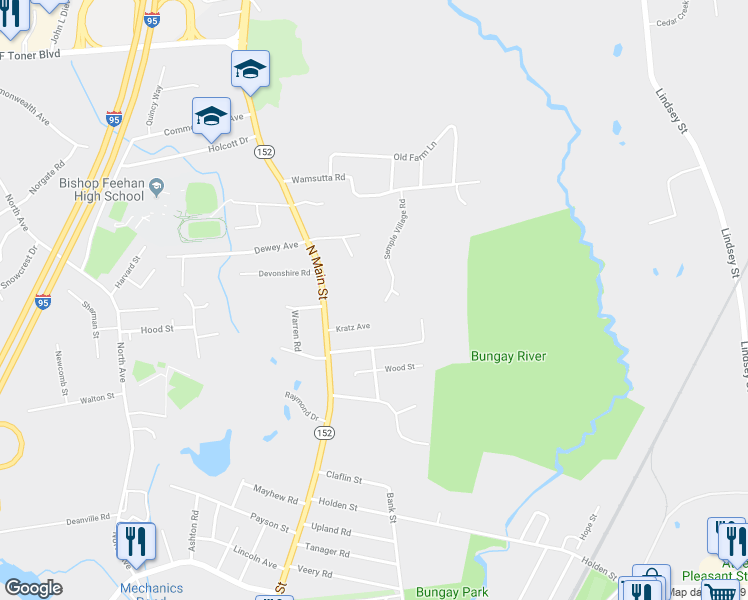map of restaurants, bars, coffee shops, grocery stores, and more near 55 Semple Village Road in Attleboro