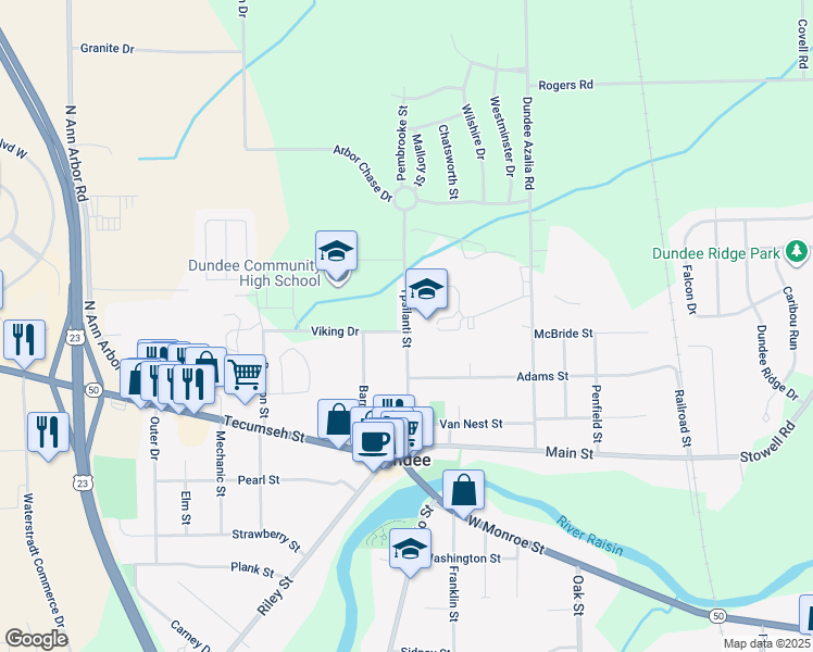 map of restaurants, bars, coffee shops, grocery stores, and more near 420 Ypsilanti Street in Dundee
