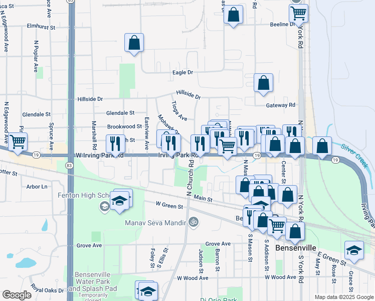 map of restaurants, bars, coffee shops, grocery stores, and more near 202 North Church Road in Bensenville