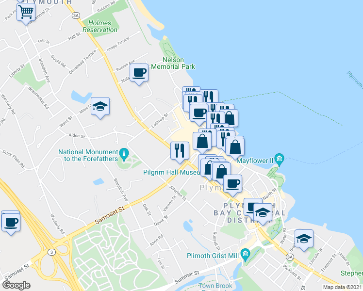 map of restaurants, bars, coffee shops, grocery stores, and more near 119 Court Street in Plymouth