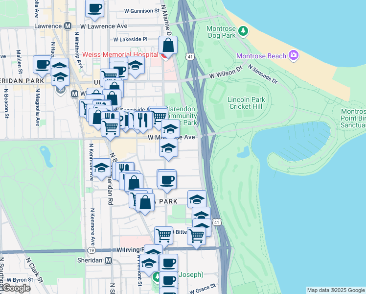 map of restaurants, bars, coffee shops, grocery stores, and more near 707 West Junior Terrace in Chicago