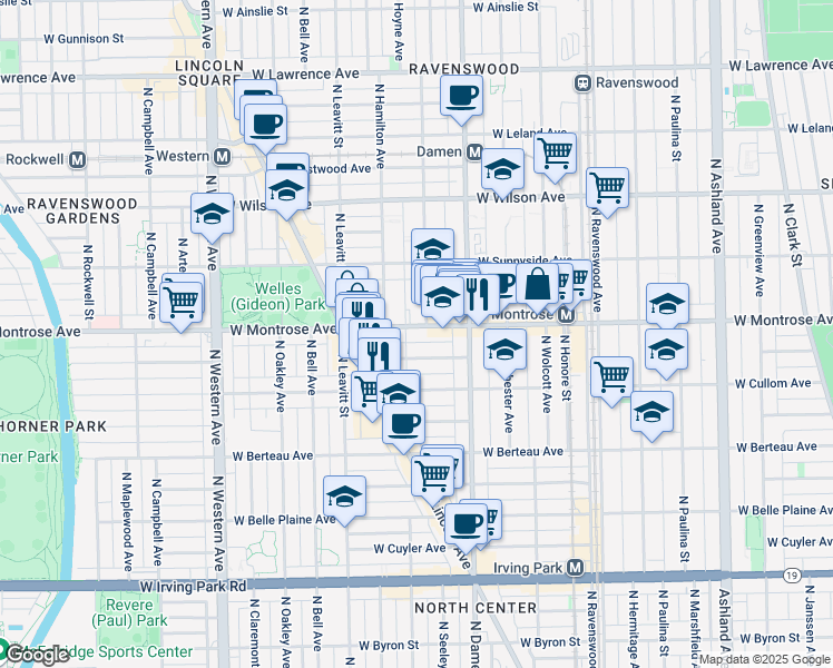 map of restaurants, bars, coffee shops, grocery stores, and more near 2047 West Montrose Avenue in Chicago