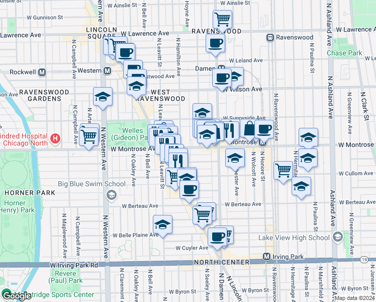 map of restaurants, bars, coffee shops, grocery stores, and more near 2047 West Montrose Avenue in Chicago