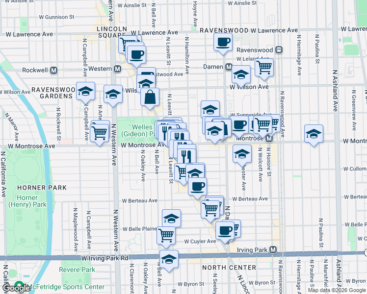 map of restaurants, bars, coffee shops, grocery stores, and more near 2130 West Pensacola Avenue in Chicago