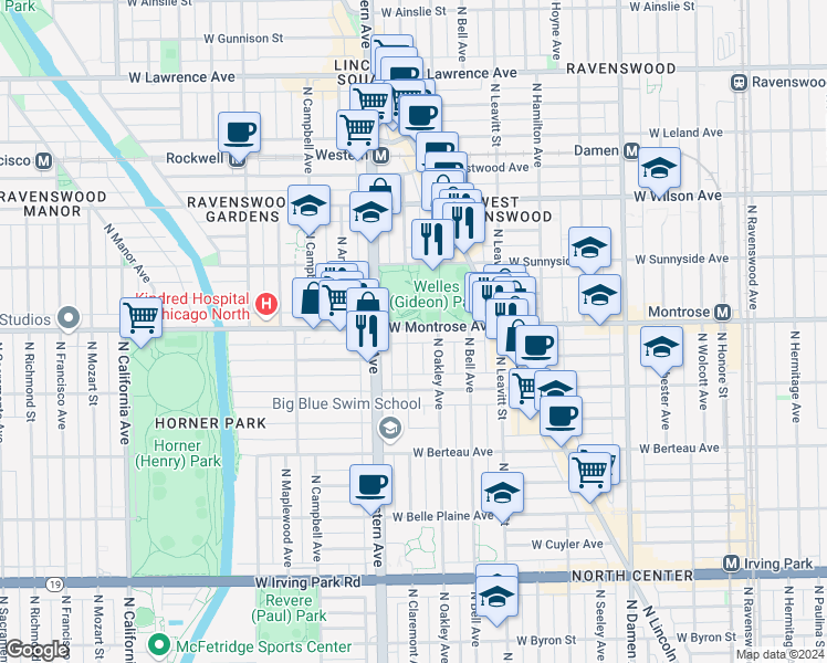 map of restaurants, bars, coffee shops, grocery stores, and more near 2315 West Montrose Avenue in Chicago