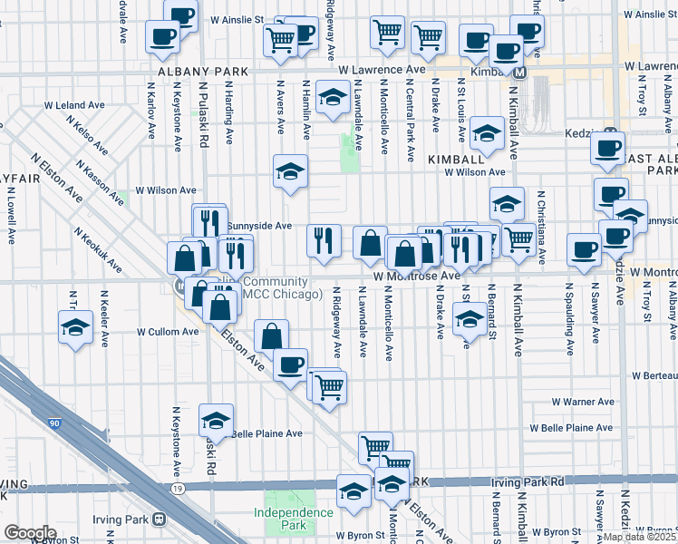 map of restaurants, bars, coffee shops, grocery stores, and more near 3725 West Montrose Avenue in Chicago