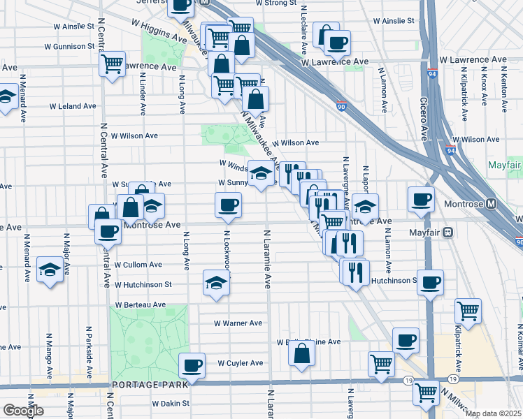 map of restaurants, bars, coffee shops, grocery stores, and more near 5200 West Montrose Avenue in Chicago