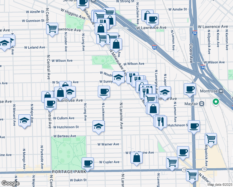 map of restaurants, bars, coffee shops, grocery stores, and more near 5200 West Montrose Avenue in Chicago