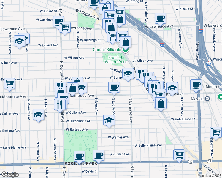 map of restaurants, bars, coffee shops, grocery stores, and more near 5311 West Agatite Avenue in Chicago