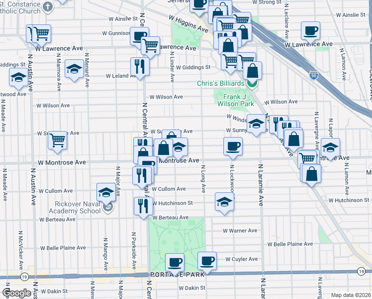 map of restaurants, bars, coffee shops, grocery stores, and more near 5430 West Montrose Avenue in Chicago