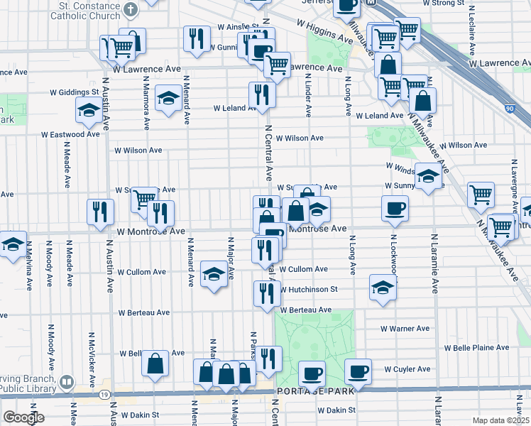 map of restaurants, bars, coffee shops, grocery stores, and more near 4415 North Parkside Avenue in Chicago