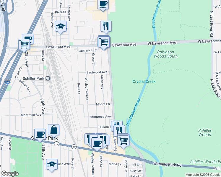 map of restaurants, bars, coffee shops, grocery stores, and more near 4540 North River Road in Schiller Park