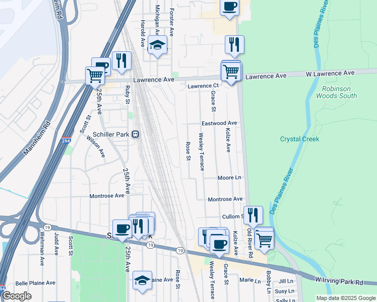 map of restaurants, bars, coffee shops, grocery stores, and more near 4555 Rose Street in Schiller Park