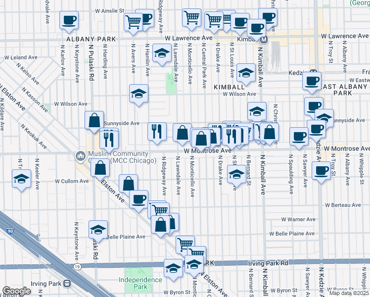map of restaurants, bars, coffee shops, grocery stores, and more near 3644 West Montrose Avenue in Chicago