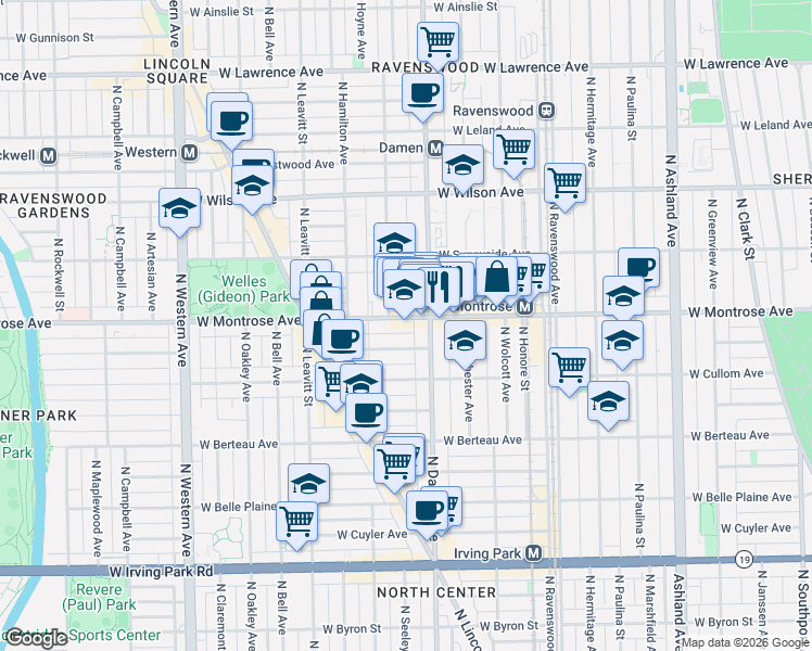 map of restaurants, bars, coffee shops, grocery stores, and more near 4346 North Damen Avenue in Chicago