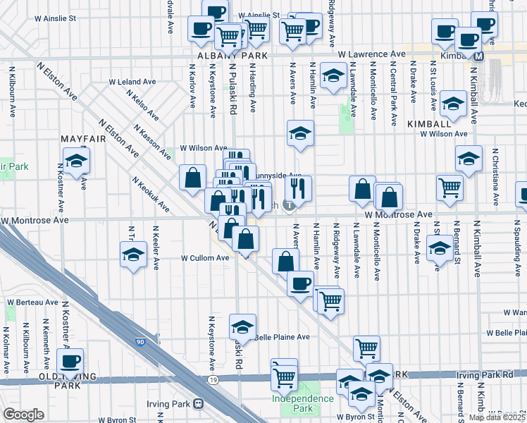 map of restaurants, bars, coffee shops, grocery stores, and more near 3916 West Montrose Avenue in Chicago