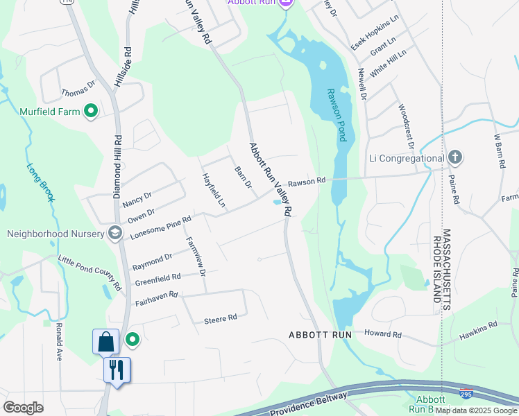 map of restaurants, bars, coffee shops, grocery stores, and more near 6 Fieldside Drive in Cumberland