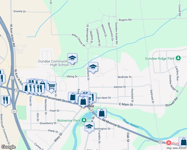 map of restaurants, bars, coffee shops, grocery stores, and more near 420 Ypsilanti Street in Dundee