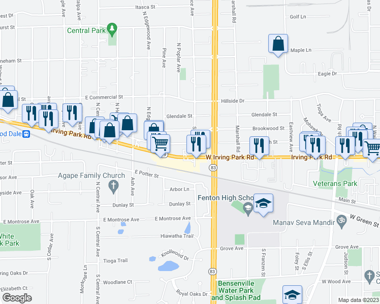 map of restaurants, bars, coffee shops, grocery stores, and more near 1301 West Irving Park Road in Bensenville