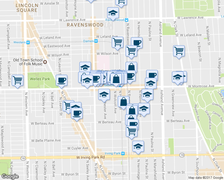 map of restaurants, bars, coffee shops, grocery stores, and more near 4344 North Wolcott Avenue in Chicago