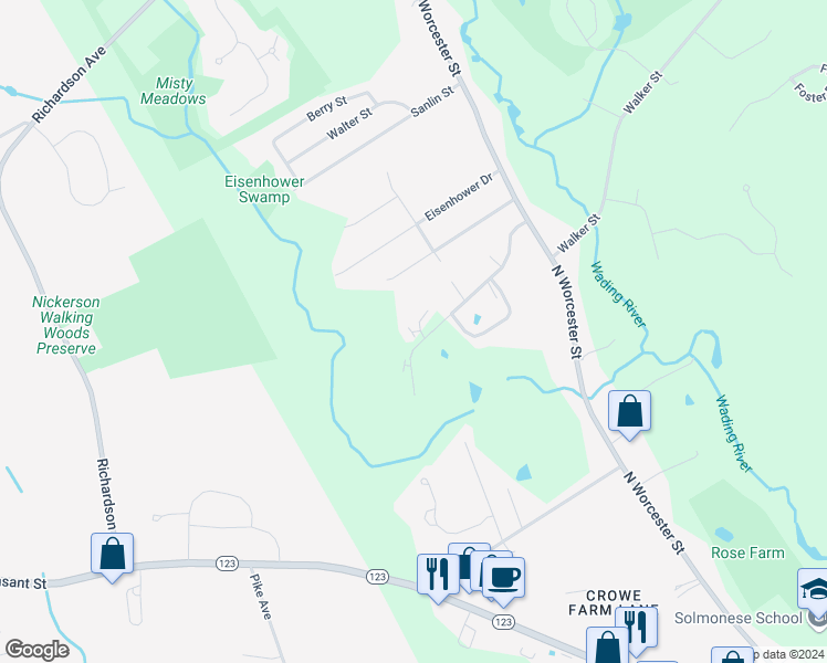 map of restaurants, bars, coffee shops, grocery stores, and more near 13 Village Way in Norton