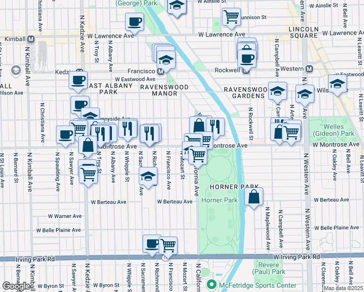 map of restaurants, bars, coffee shops, grocery stores, and more near N Mozart St & W Montrose Ave in Chicago