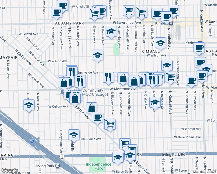 map of restaurants, bars, coffee shops, grocery stores, and more near 3725 West Montrose Avenue in Chicago