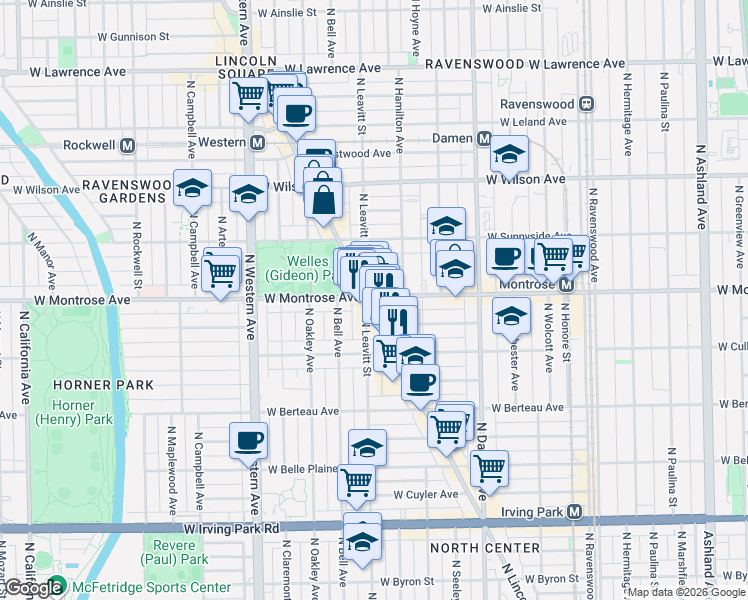map of restaurants, bars, coffee shops, grocery stores, and more near 4363 North Lincoln Avenue in Chicago