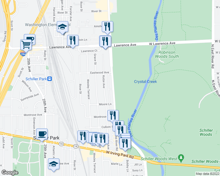 map of restaurants, bars, coffee shops, grocery stores, and more near 4544 River Road in Schiller Park