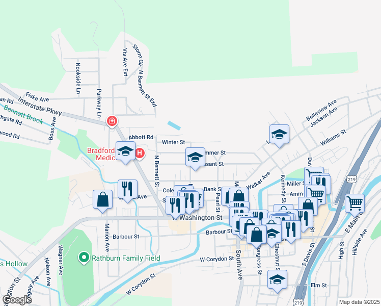 map of restaurants, bars, coffee shops, grocery stores, and more near 145 N Center St in Bradford