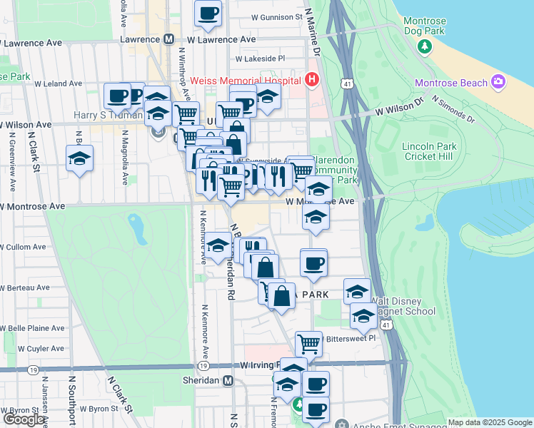 map of restaurants, bars, coffee shops, grocery stores, and more near 4334 North Hazel Street in Chicago