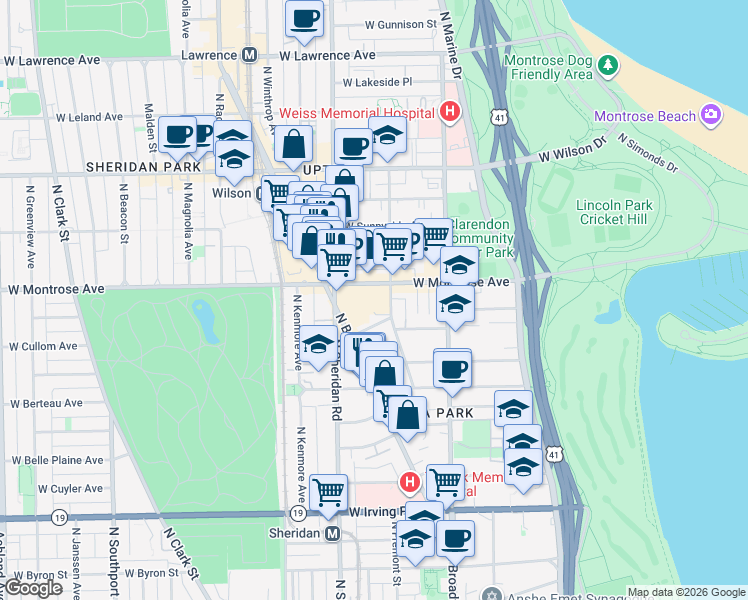map of restaurants, bars, coffee shops, grocery stores, and more near 4334 North Hazel Street in Chicago